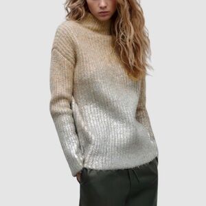 ZARA Tan Silver Metallic Foil Mock Neck Sweater